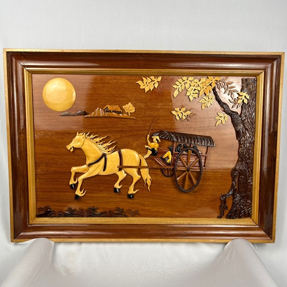 Other - Vtg Asian Hand Carved 3D Wooden Inlay Wall Art Horse Cart Scene Rustic Folk Art